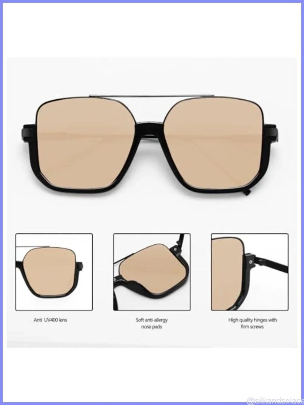 Oversized Square Aviator Sunglasses Semi-Rimless UV400 TAC Lenses